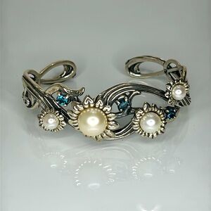 NWOT Carolyn Pollack Sterling Silver Blue Topaz Pearl Sunflower Cuff Bracelet